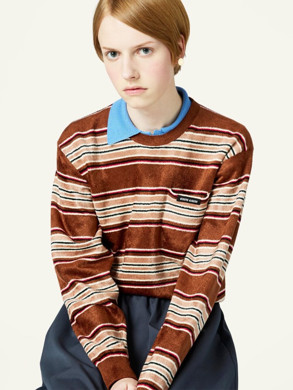 MIU MIU Brown Beige Striped Viscose Chenille Velour Stretch Knit Top Sweater 38